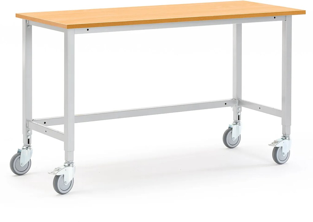 Mobilný dielenský stôl Motion, manuálne nastaviteľný, 1500x600 mm, buk