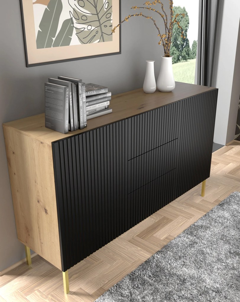 Komoda 2D3S 150 Rowanna (dub artisan + čierna). Akcia -20%. Vlastná spoľahlivá doprava až k Vám domov. 1125007