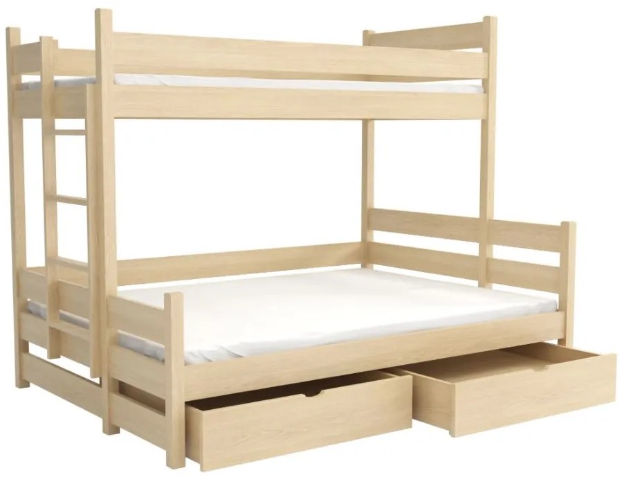 Detská poschodová posteľ z masívu borovice s rozšíreným spodným lôžkom BERTA so šuplíkmi - 200x90/140 cm - PRÍRODNÁ BOROVICA