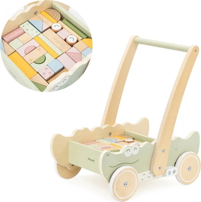 Drevený blokový vozík – krokodíl | Chodítko s kockami pre deti