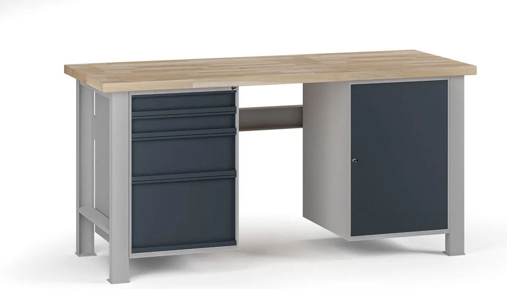 Dielenský pracovný stôl G7, buková škárovka, 1700 x 685 x 840 mm, 1x skrinka, 4 zásuvky, grafit