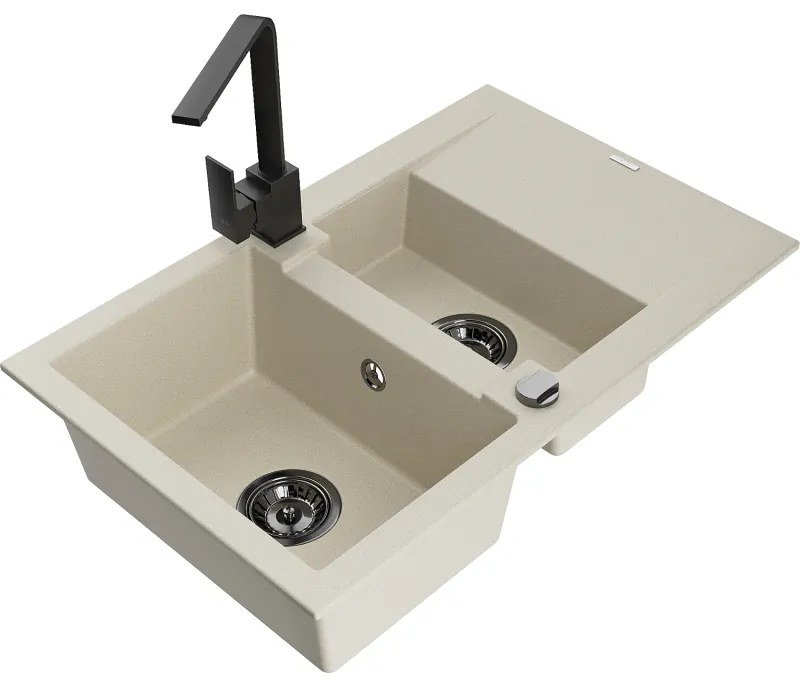 Mexen Gaspar, granitový drez 737x475x177 mm, 1,5-komorový a čierna batéria Rita, béžová, 6507-69-670300-70