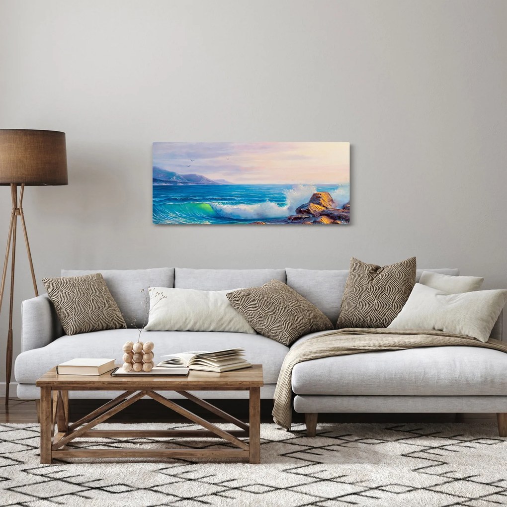 Obraz vĺn narážajúcich na útesy, olejomaľba (120x50 cm)