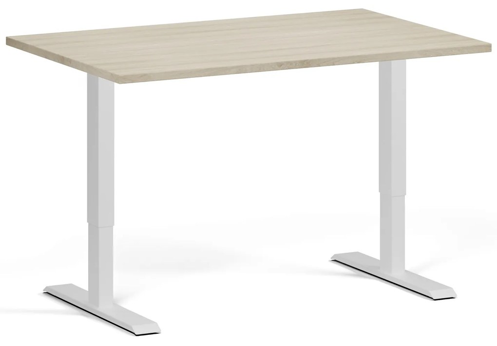 Výškovo nastaviteľný stôl, 120x80 cm, 2 motory, biela podnož, dub prírodný