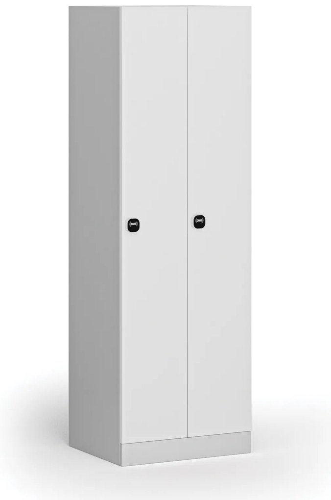 Kovová šatníková skrinka, 2-dverová, 1850 x 600 x 500 mm, demont, zámok s čítačkou RFID kariet, laminované dvere, biela