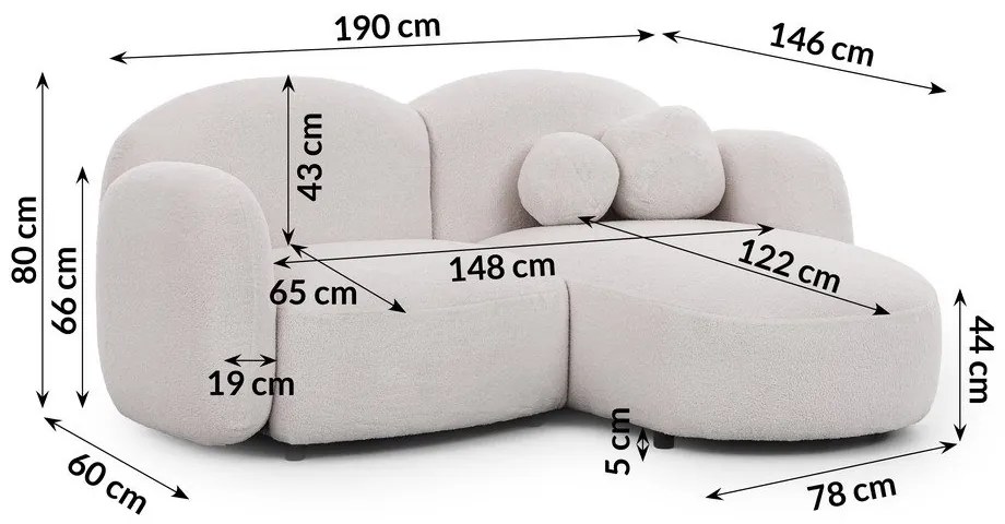 Krémovobiela rohová pohovka z textílie buklé (pravý roh/s leňoškou) Orbit – Ropez