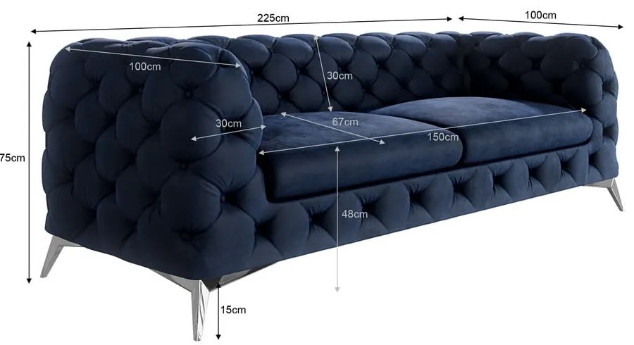 Tmavomodrá zamatová pohovka 225 cm Chelsea – Ropez