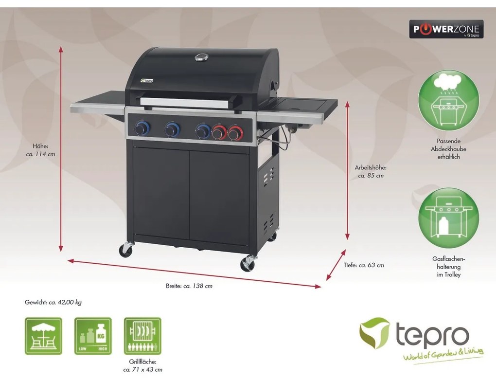 Tepro 3303 Plynový gril Keansburg 4, 4 horáky, 138 x 63 x 114 cm