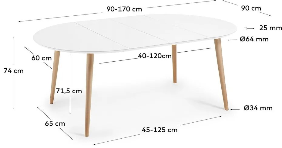 Biely okrúhly rozkladací jedálenský stôl s bielou doskou ø 90 cm Oqui – Kave Home
