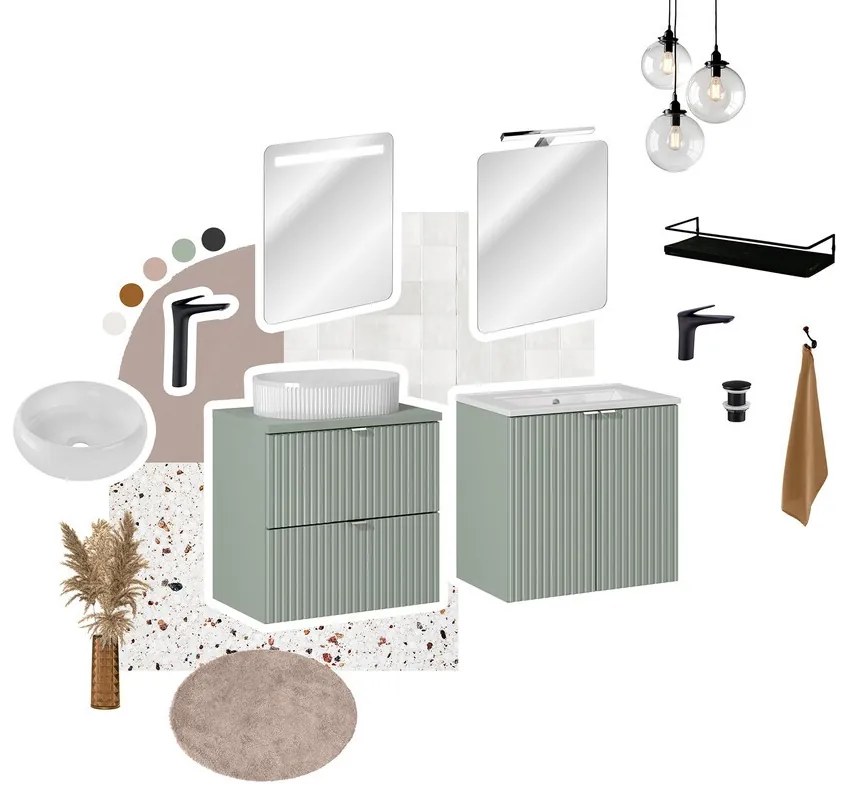 Závesná skrinka Line Reed Green Pati II s doskou a umývadlom zelená/dub evoke