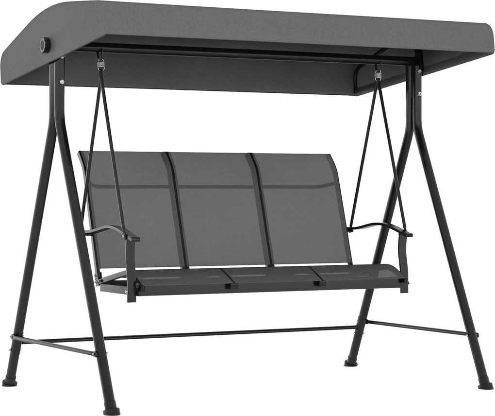 Outsunny Hollywood hojdačka pre 3 osoby, záhradná hojdačka s nastaviteľnou slnečnou clonou, lavička s opierkami, nosnosť až 240 kg, kov, textil, tmavo