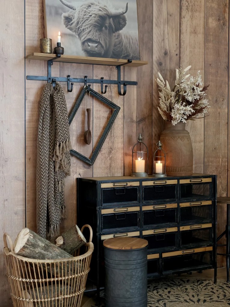 Hnedá antik drevená nástenná polička s kovovými háčikmi Hael - 92*18*25cm