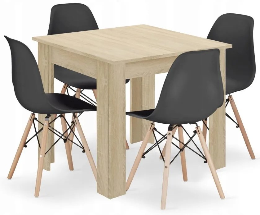 Jedálenská zostava stôl Dub sonoma 80 X 80 hnedé nohy + 4 stoličky OSAKA čierne/ prírodné nohy