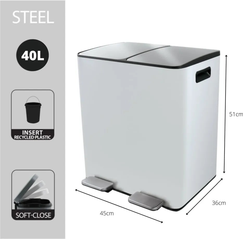 Matne biely oceľový odpadkový kôš 2x20 l na triedený odpad/nášľapný Aliya – Spirella
