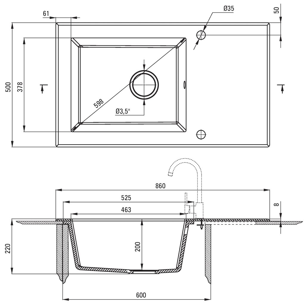 Deante Capella sklo-granitový drez 860x500x220 mm + priestorovo úsporný sifón, 1-komorový, biela, ZSC_AW2C