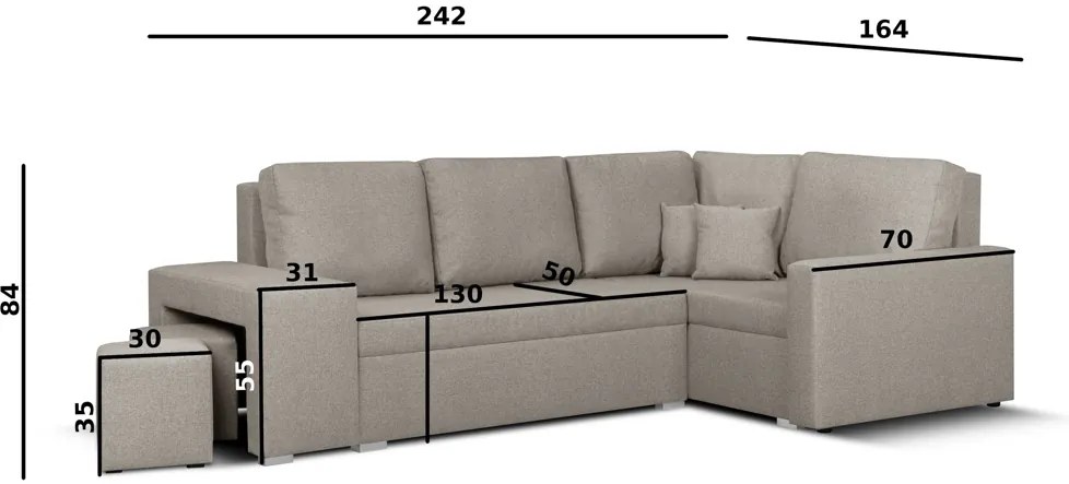 Rozkládací rohová sedací souprava MODO2 + 2 Taburety Mentolová