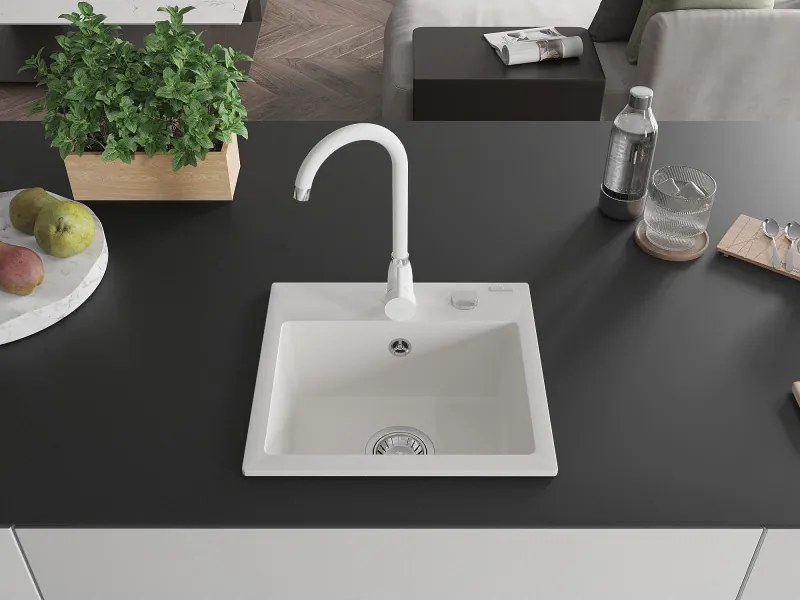 Mexen Milo, 1-komorový granitový drez 43,5x41 cm a kuchynská batéria Telma, biela, 6505-20-670200-20