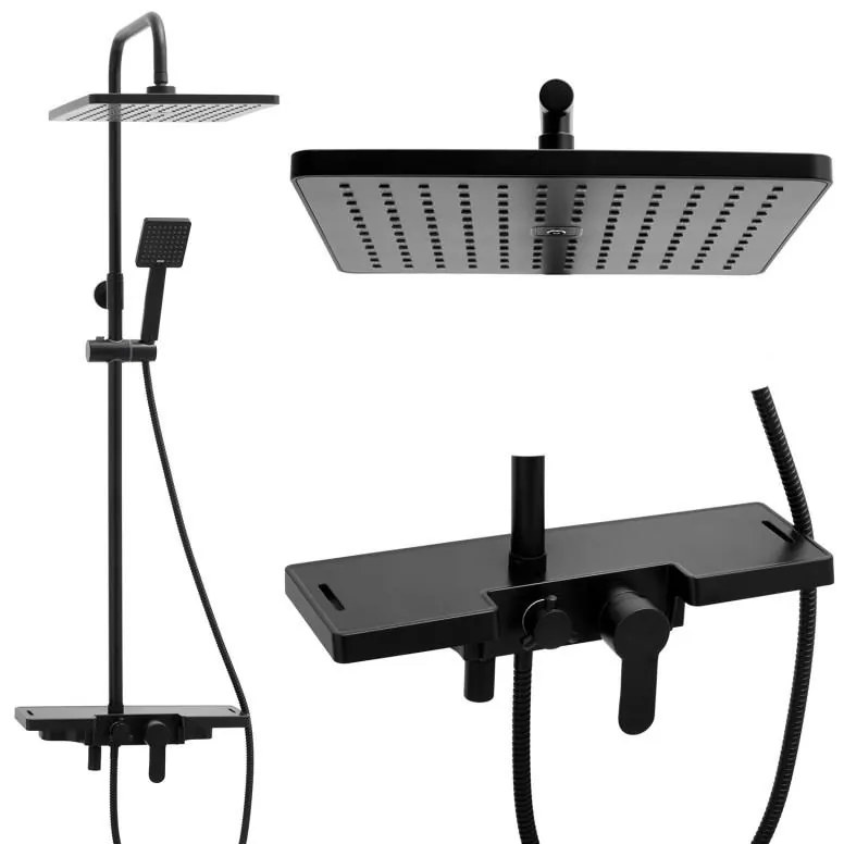 Erga Oslo, sprchová súprava s pákovou batériou, policou a dažďovou hlavicou 30x30 cm, čierna matná, ERG-YKA-BP.OSLO-30-BLK