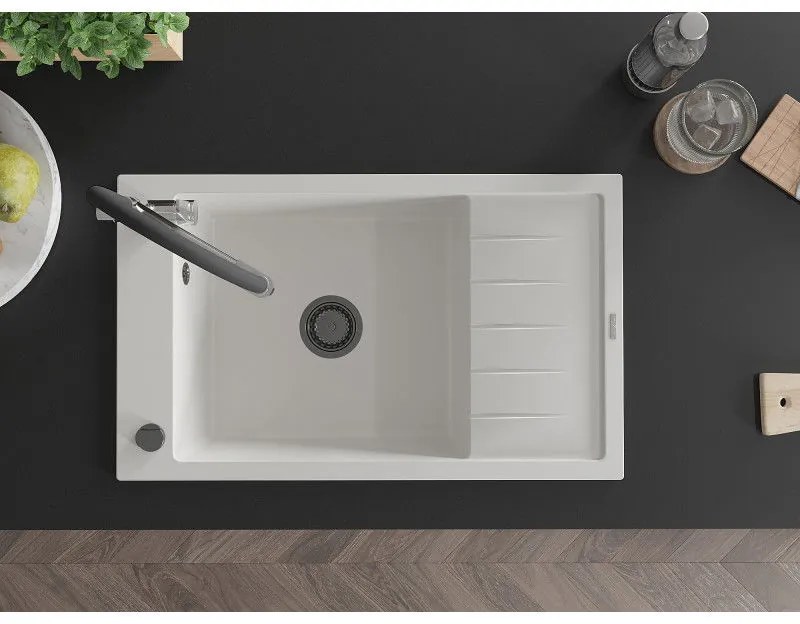 Mexen Elias, 1-komorový granitový drez 795x480x200 mm a drezová batéria Duo, biela, 6511-20-671701-07-B