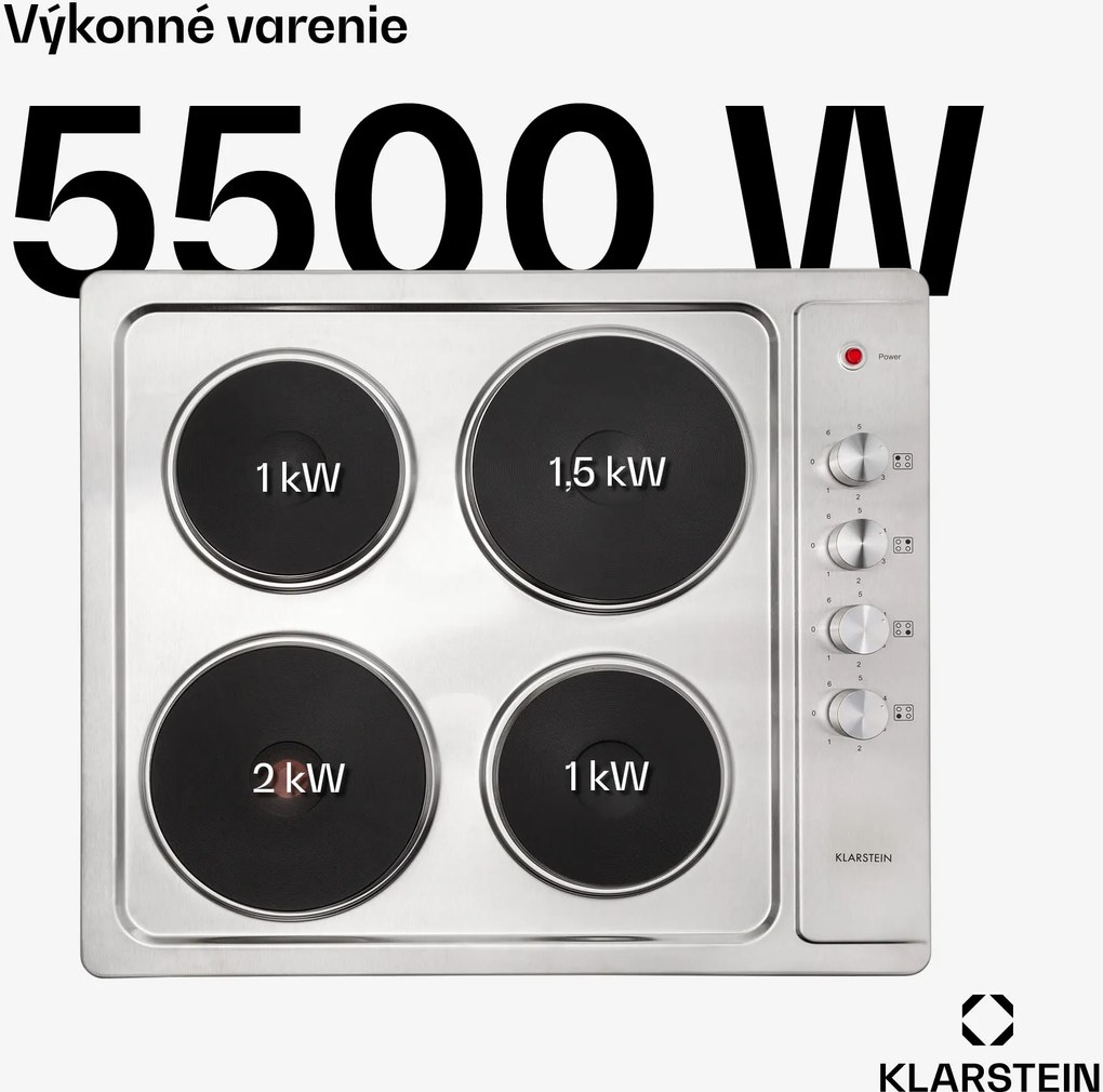 Klarstein Appetito 4, elektrická varná doska, 5500 W, 4 platne, 6 stupňov výkonu, nehrdzavejúca oceľ