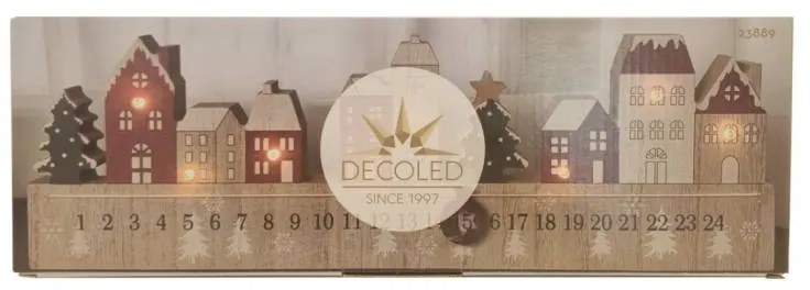 Drevený adventný kalendár LED, 38 × 2,7 × 12 cm, farebný, 2× AAA