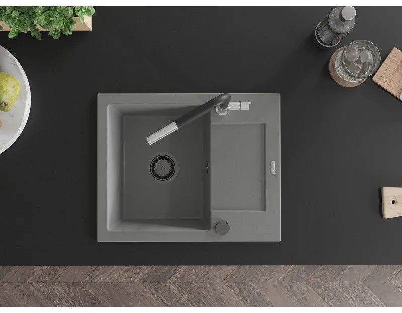 Mexen Enzo, 1-komorový granitový drez 576x465x174 mm a drezová batéria Flora, šedá, 6506-71-670401-07-B