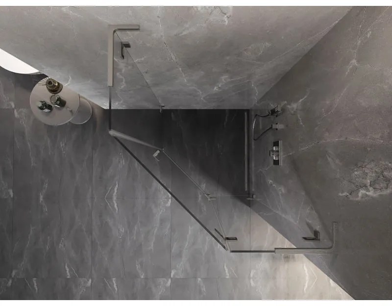Mexen Lunar, L pravý výklopný päťuholníkový sprchový kút 90 x 90 cm, 8mm číre sklo, oceľový profil, 831L-090P-090L-97-00-P