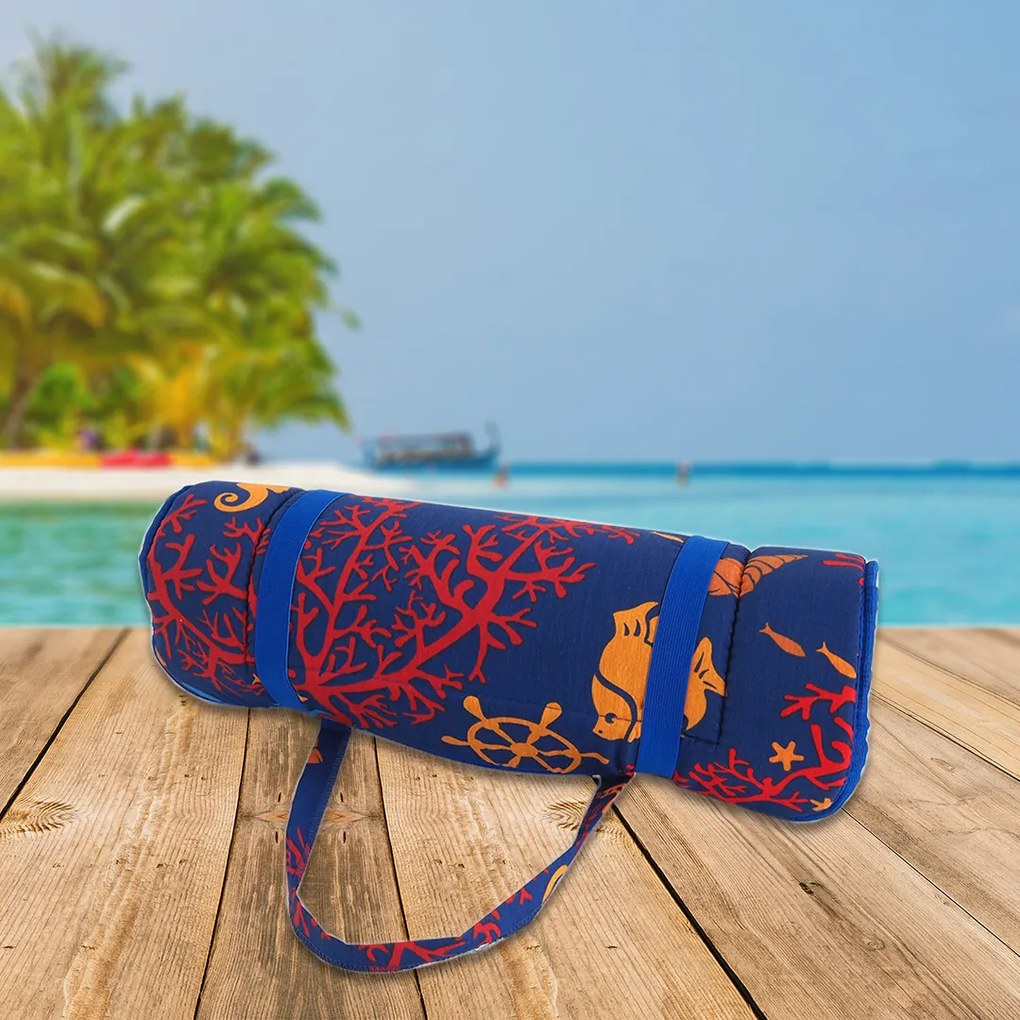 Plážové ležadlo v rolke MORSKÝ KONÍK S KORALMI 148x52 cm, modré