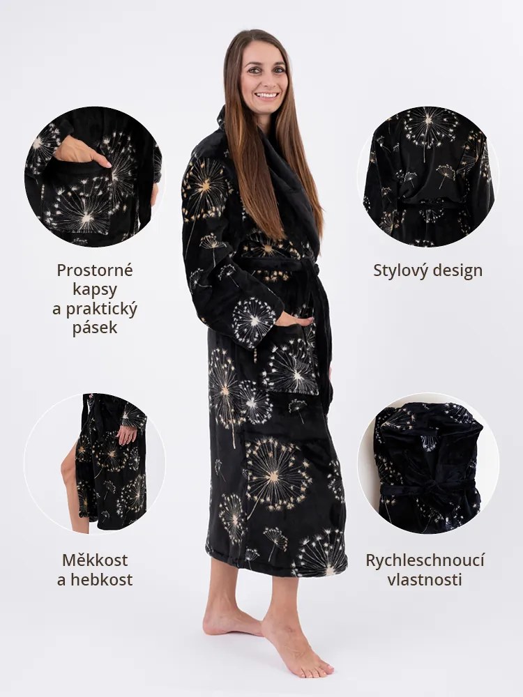 Mikroplyšový župan Ema - Púpavy čierne veľkosť L