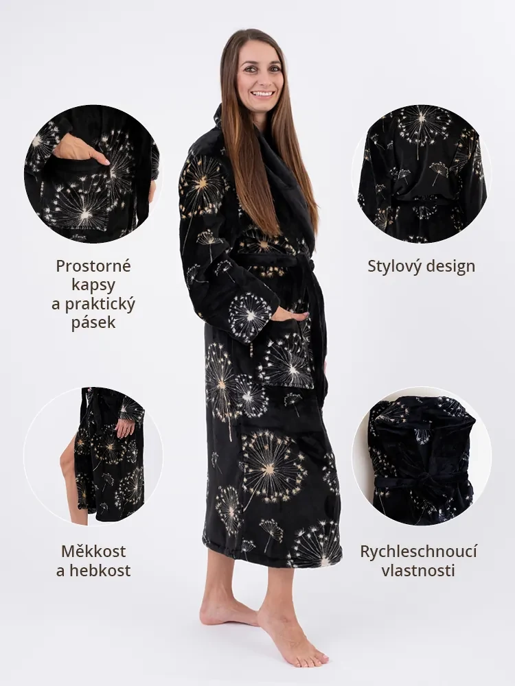 Mikroplyšový župan Ema - Púpavy čierne veľkosť M