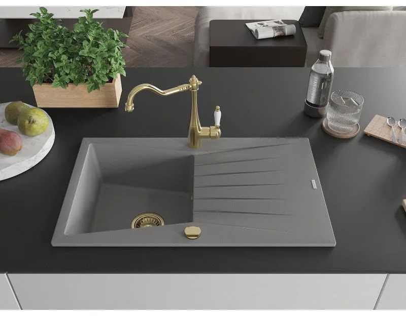 Mexen Cesar, 1-komorový granitový drez 775x470x190 mm a drezová batéria Carla, šedá, 6514-71-670700-50
