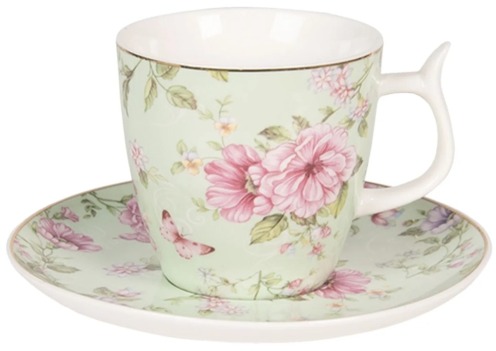 Zelený kvetovaný šálka s tanierikom Garden - Ø 13 * 2 / Ø 7 * 7 cm / 0,16L