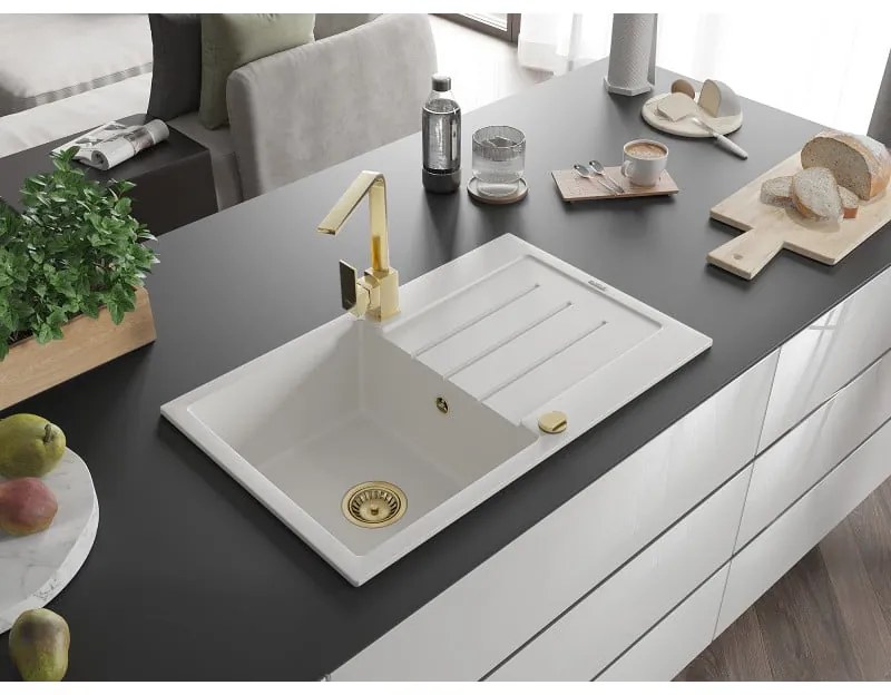 Mexen Bruno, drez granitový 795x495x200 mm, 1-komorový, biela so zlatým sifónom a zlatá drezová batéria Rita, 6513-20-670300-50
