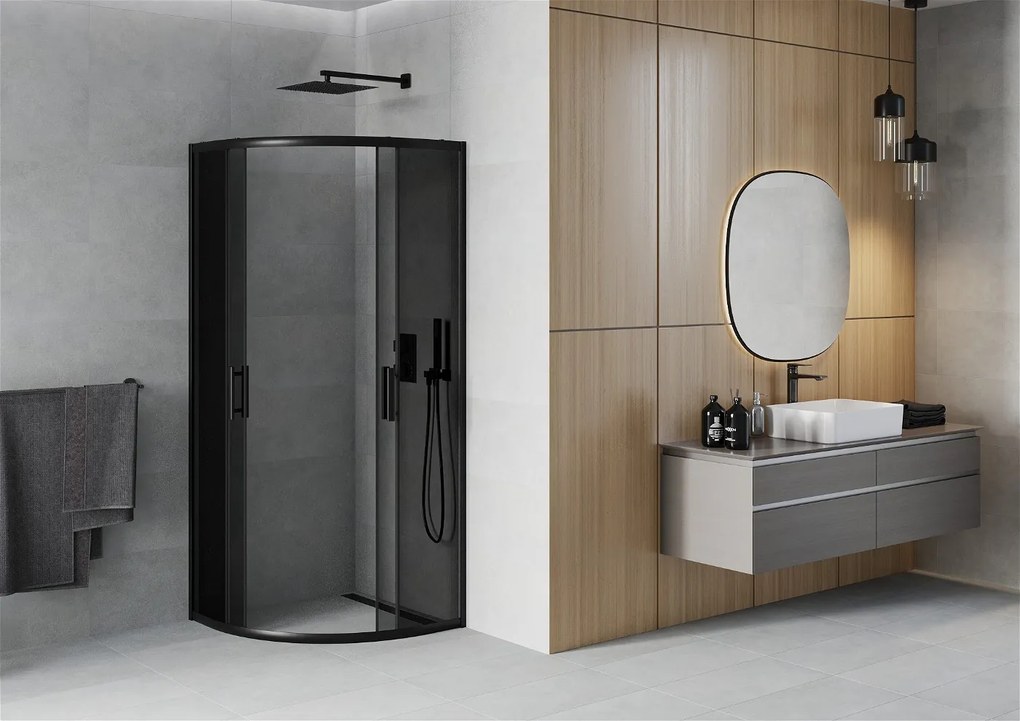 Mexen Rio, štvrťkruhový sprchovací kút s posuvnými dverami 90 (dvere) x 90 (dvere) x 190 cm, 5mm šedé sklo, čierny profil, 863-090-090-70-40