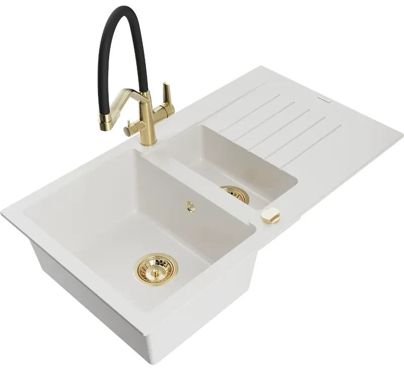 Mexen Matias, 1,5-komorový granitový drez 900x505x200 mm a drezová batéria Duo, biela, 6502-20-671701-57-G