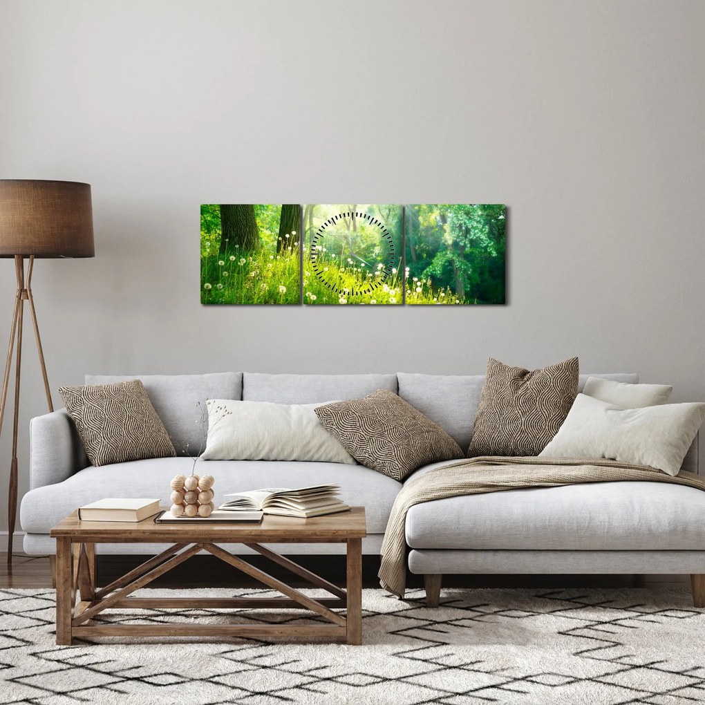 Obraz - Magická lúka plná púpav (s hodinami) (90x30 cm)