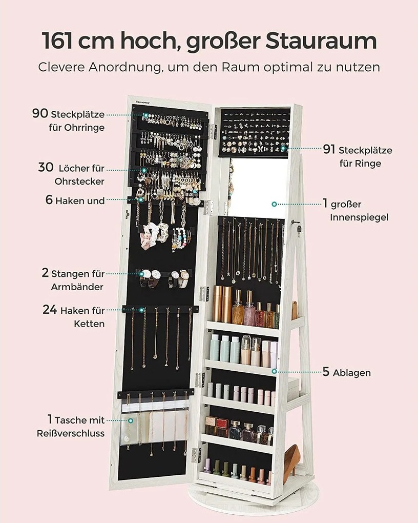 Šperkovnica, otočná o 360°, s odkladacou policou, biela