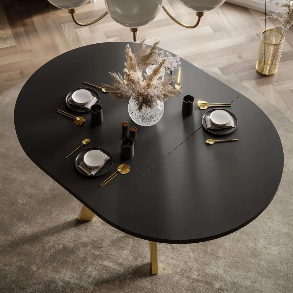 OKRÚHLY ROZKLADACÍ JEDÁLENSKÝ STÔL EWALD ČIERNY MATNÝ + ZLATÉ NOHY 100/140 cm