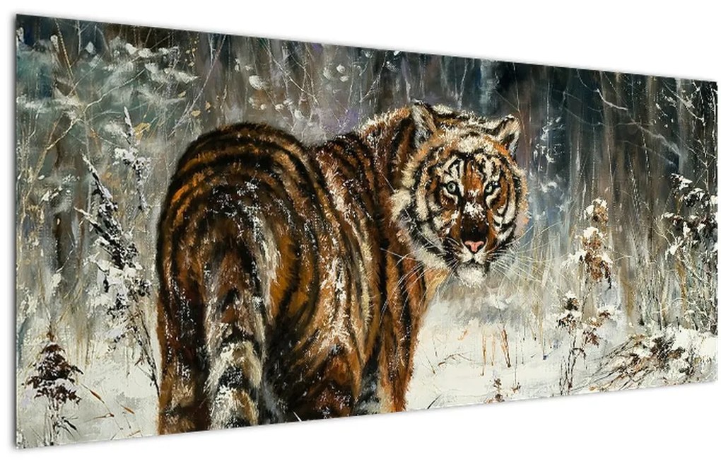 Obraz - Tiger v zasneženom lese, olejomaľba (120x50 cm)