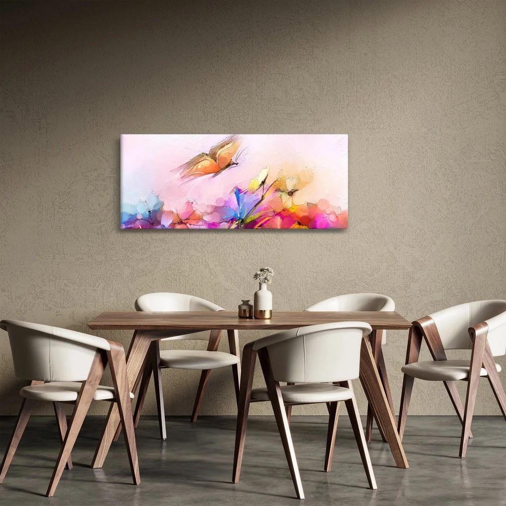 Obraz - Motýľ nad kvetinou, abstrakcia (120x50 cm)