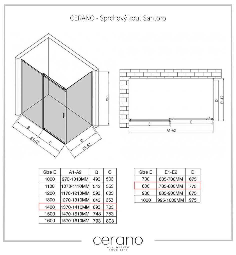 CERANO - Sprchovací kút Santoro Ľ/P - 8 mm - chróm, transparentné sklo - 140x80 cm - posuvný, CER-CER-8050BD7363