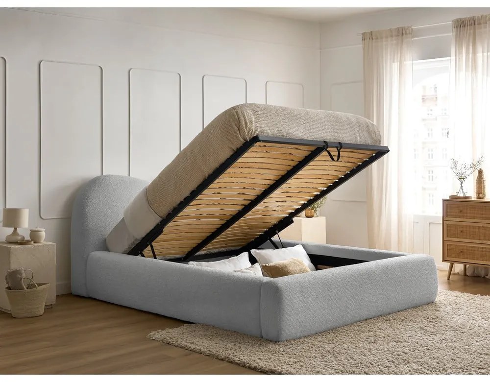 Svetlosivá čalúnená dvojlôžková posteľ s úložným priestorom s roštom 160x200 cm Orlane – Bobochic Paris