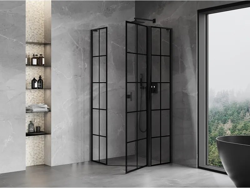 Mexen Mist L, päťuholníkový sprchový kút s krídlovými dverami, 100 x 100 cm, 8mm číre sklo, čierny profil, 8A8L-100-100-70-77-P
