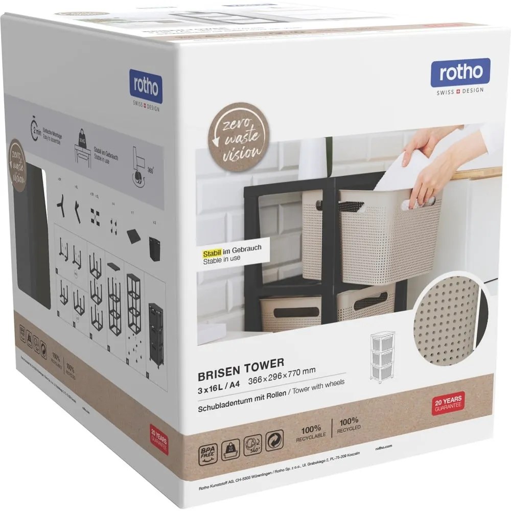 Čierny/sivý plastový pojazdný regál 30x77 cm Brisen – Rotho