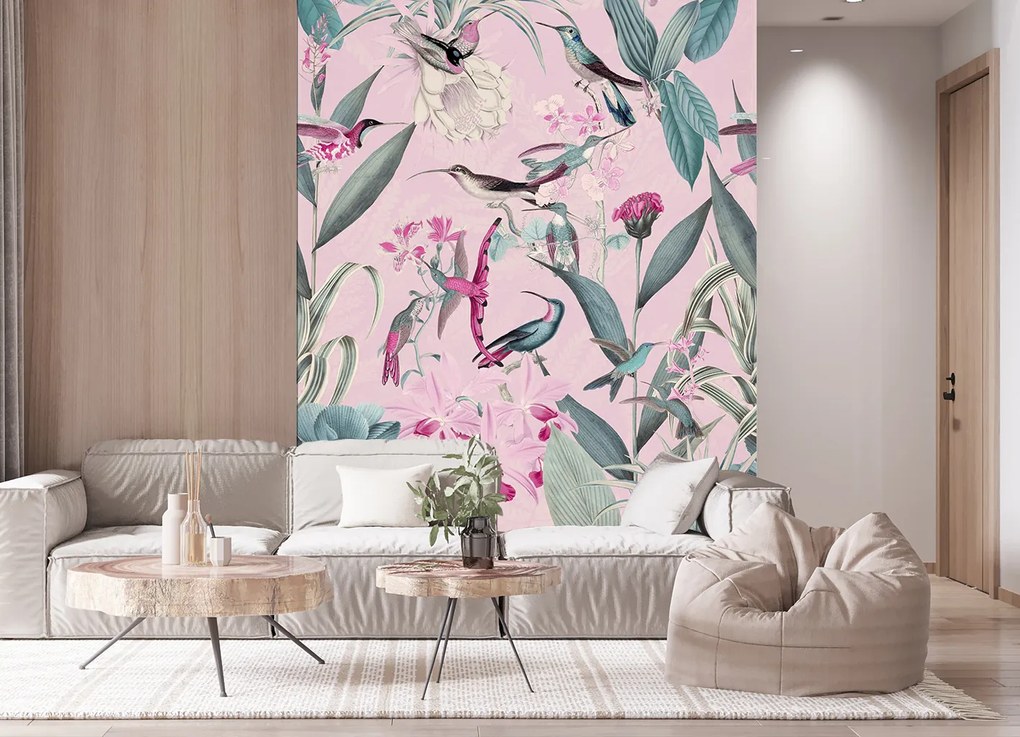 Gario Fototapeta Vtáky a listy na ružovom pozadí - Andrea Haase Materiál: Vliesová, Rozmery: 150 x 210 cm
