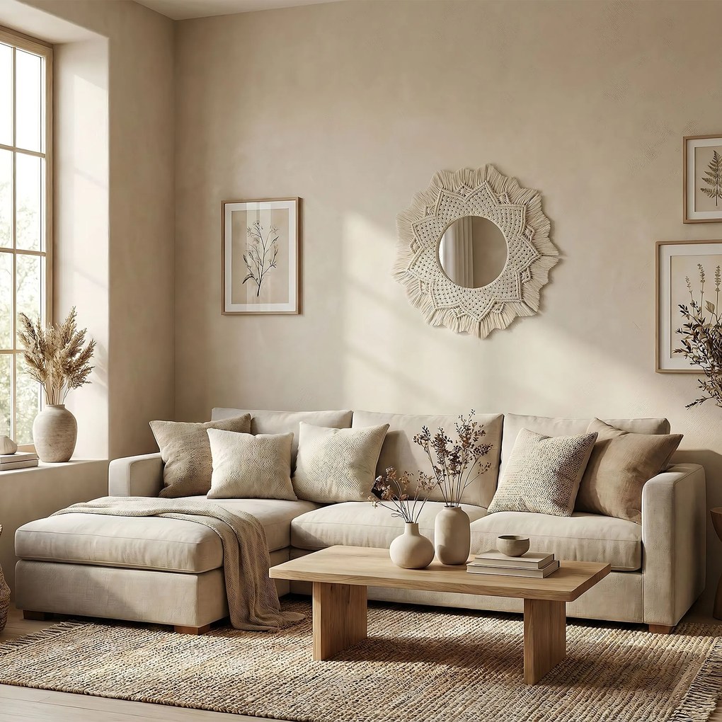 Kulaté nástěnné zrcadlo BOHO 60 cm béžové