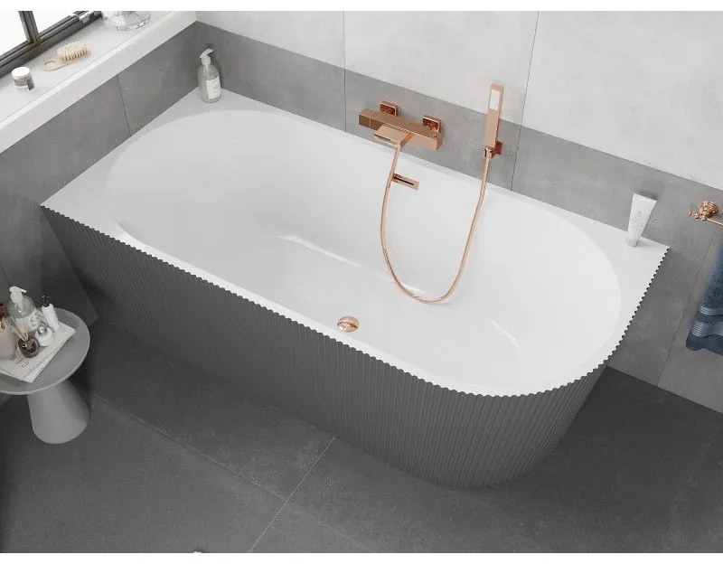 Mexen Silo, rohová voľne stojaca ryhovaná vaňa, ľavá, 150 x 75 cm, biela-šedá, ružové zlato prepad, 52891507562L-60