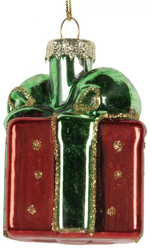 Vianočná sklenená závesná ozdoba červený darček - 4*4*6 cm