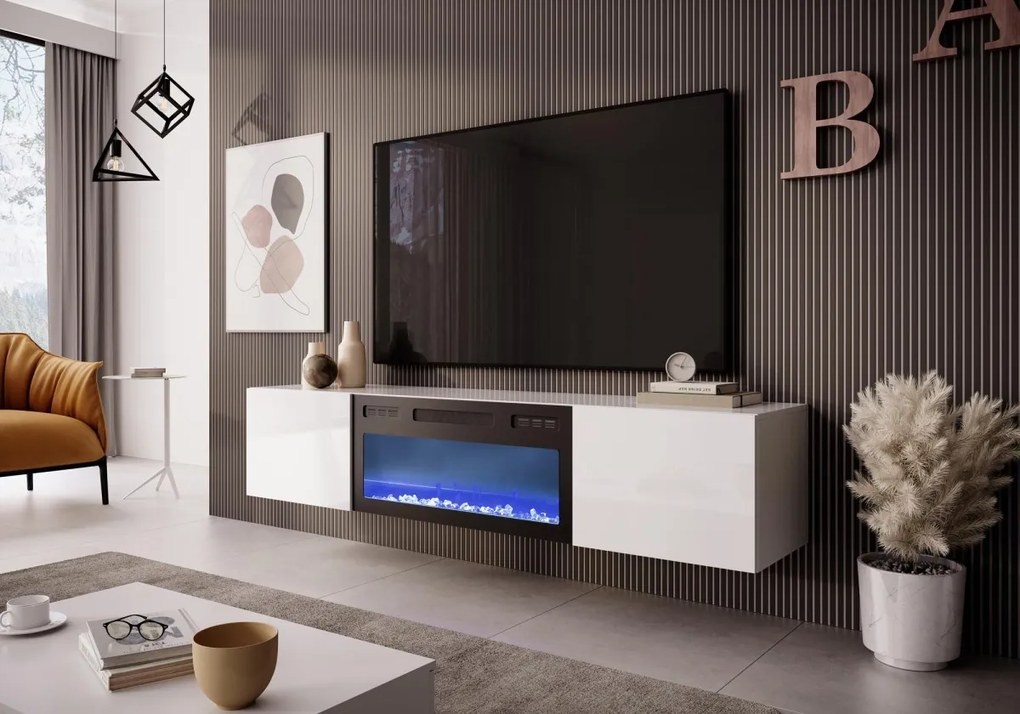 Závěsný TV stolek LICO s krbem 180 cm bílý