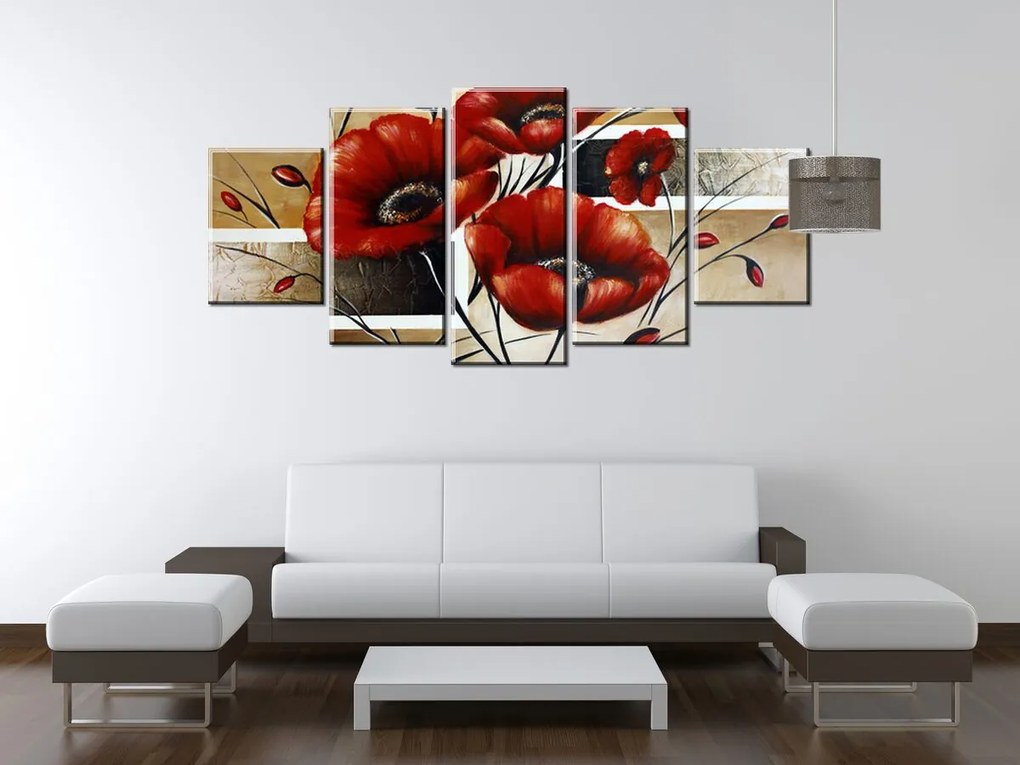 Gario Ručne maľovaný obraz Poľný mak - 5 dielny Rozmery: 150 x 70 cm